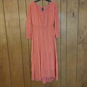 Taylor Coral Tiered Button Front Maxi Dress Boho Cottagecore